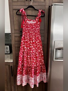 Red Floral Maxi Dress with Tie Shoulder Straps